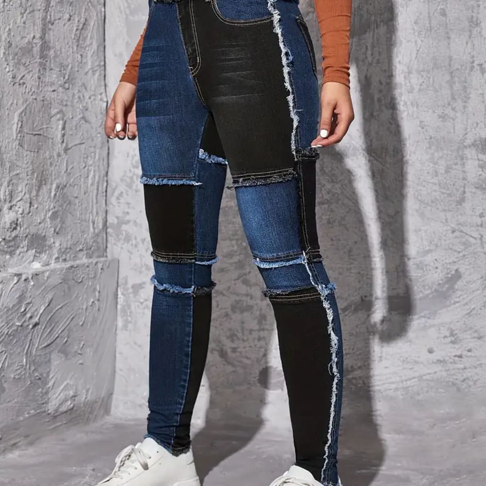 Women Colorblock Raw Hem Skinny Jeans